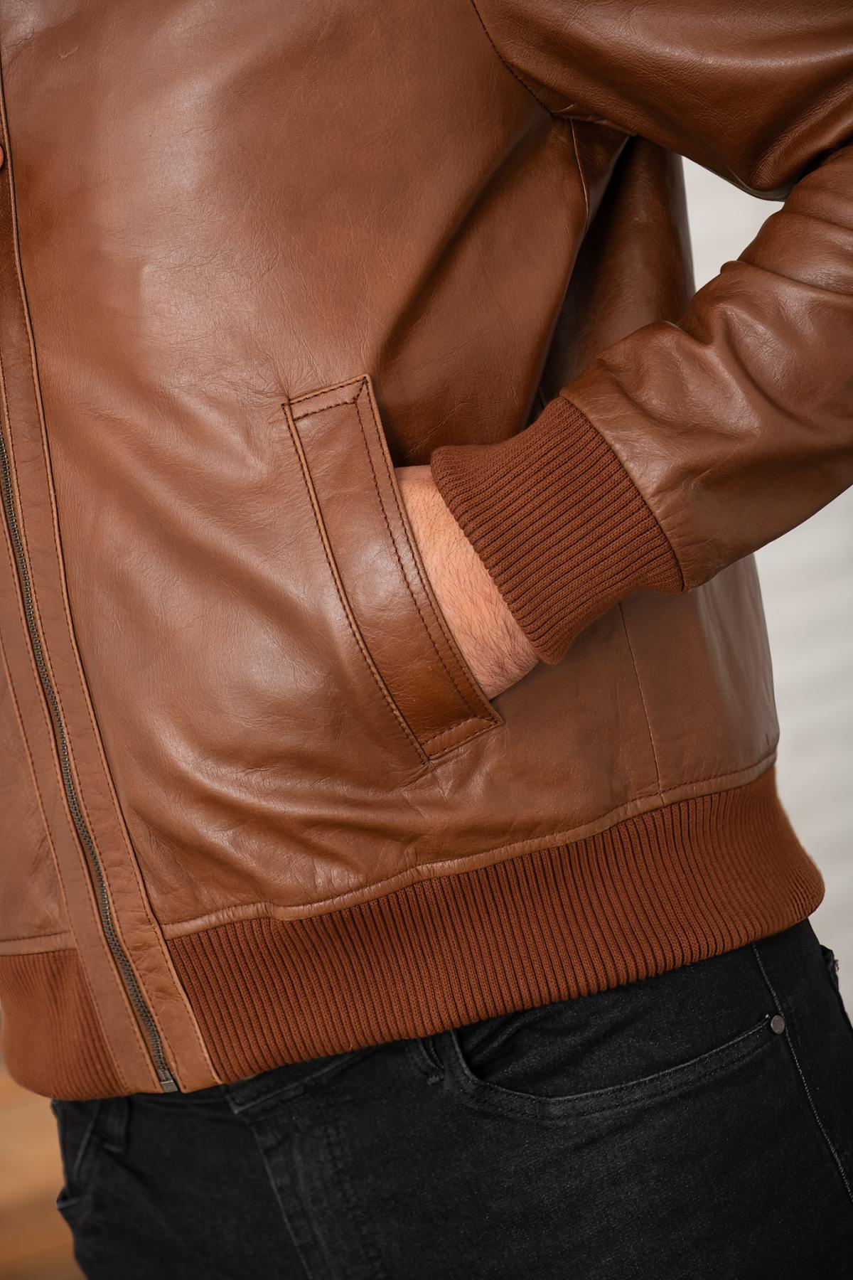 Brown buffalo leather jacket with stand-up collar - Image n°7