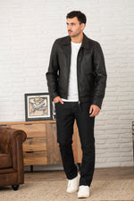 Classic black shirt collar leather jacket - Image n°6