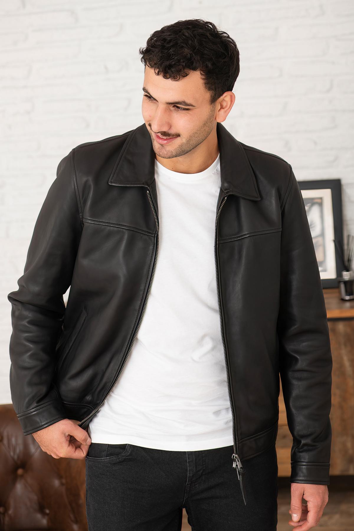 Classic black shirt collar leather jacket - Image n°4