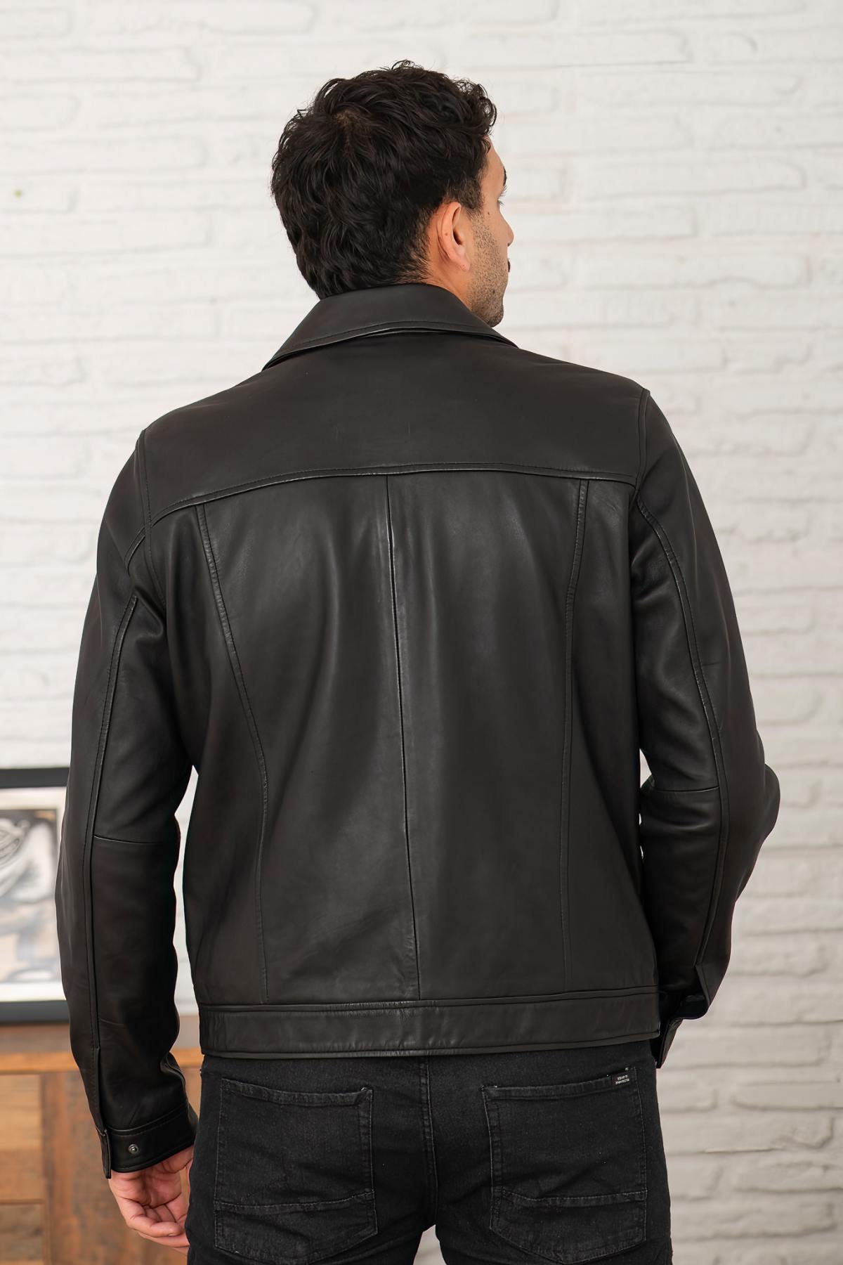 Classic black shirt collar leather jacket - Image n°2