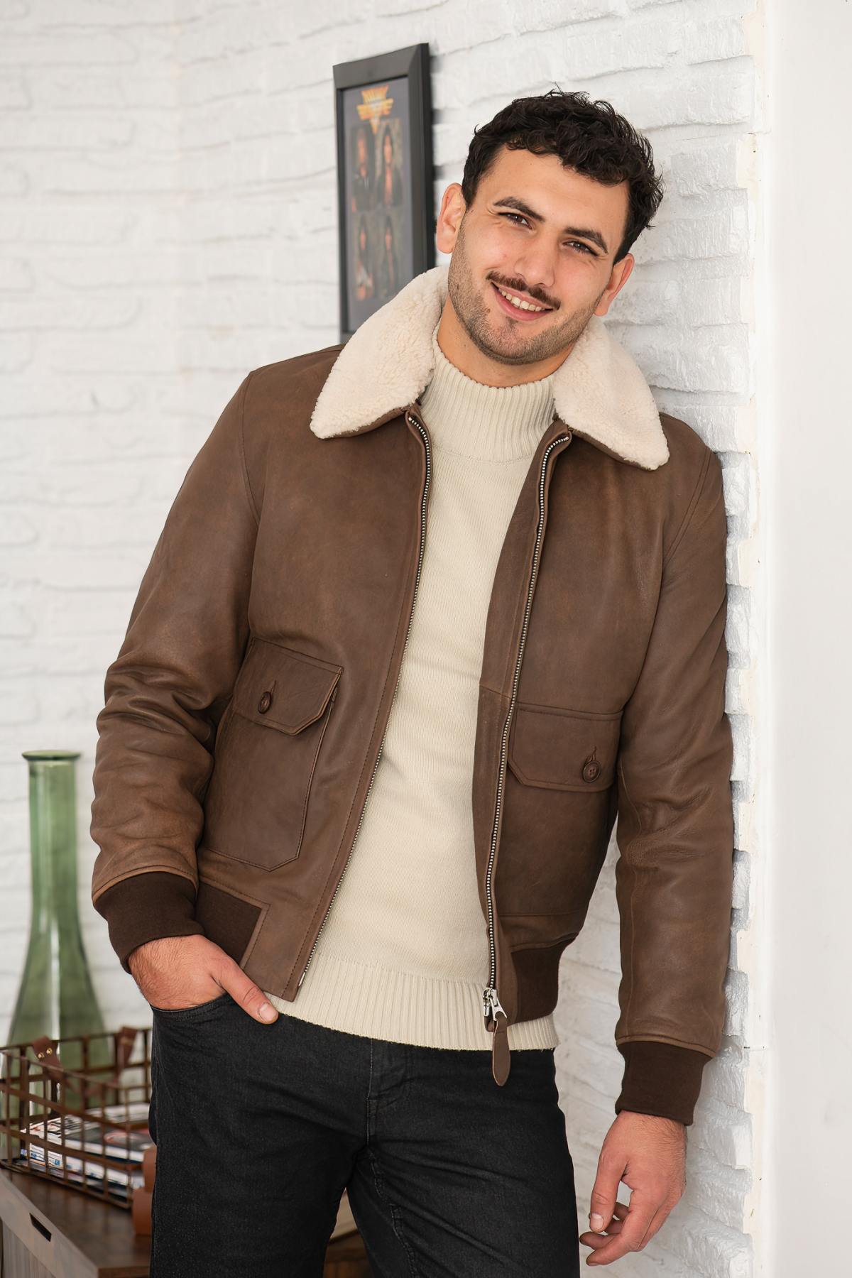 Distressed brown leather bomber jacket - Image n°1