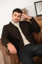 Brown suede buffalo leather jacket with shirt collar - Image n°1