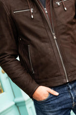 Nubuck cowhide jacket in brown with moto collar and detachable hood. - Image n°6