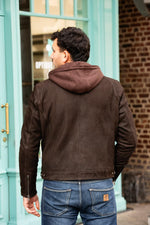 Nubuck cowhide jacket in brown with moto collar and detachable hood. - Image n°4