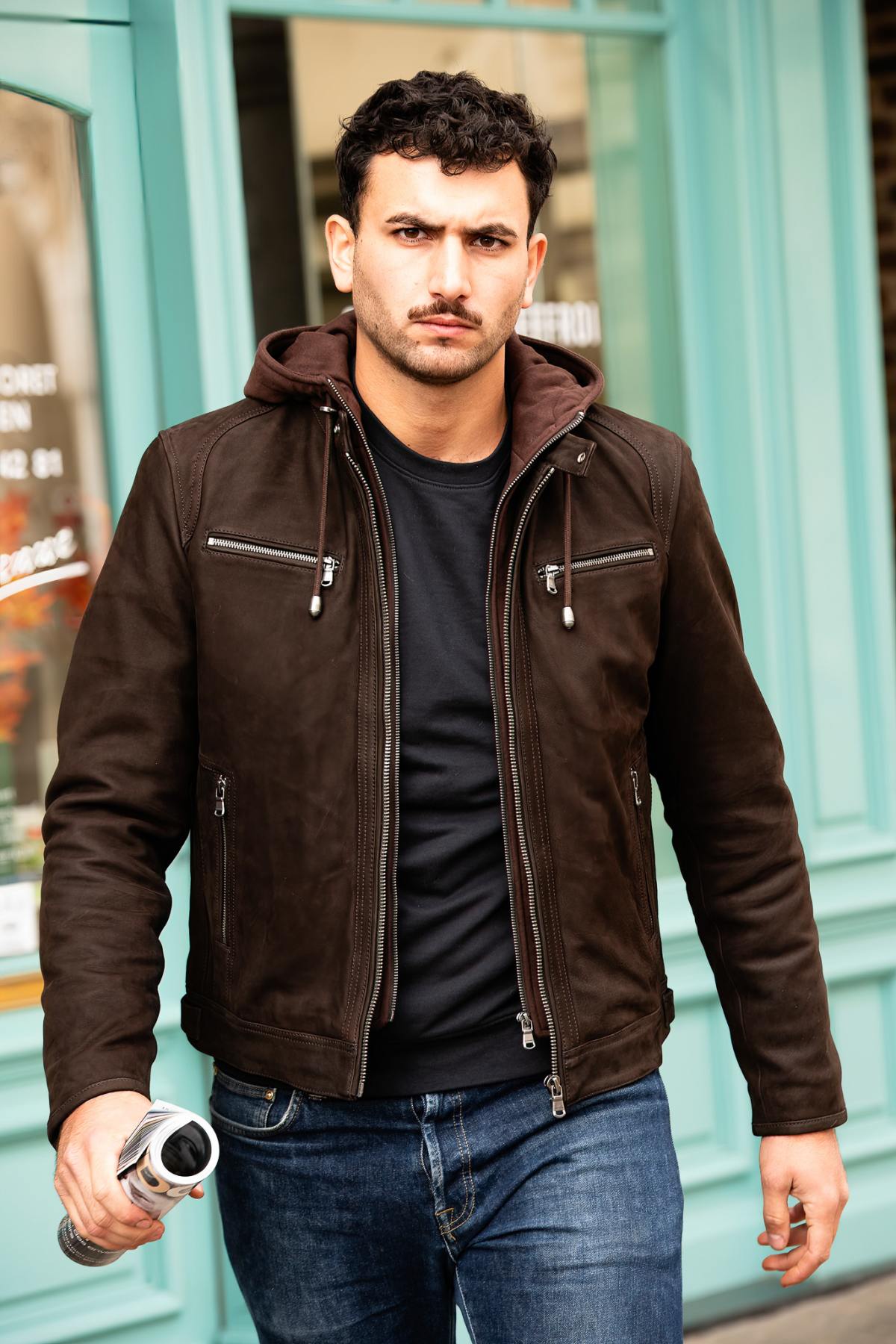Nubuck cowhide jacket in brown with moto collar and detachable hood. - Image n°1