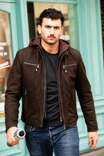 Nubuck cowhide jacket in brown with moto collar and detachable hood. - Image n°1