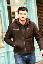 Nubuck cowhide jacket in brown with moto collar and detachable hood. - Image n°3