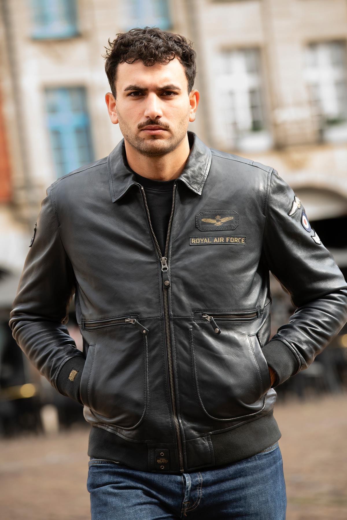 Navy blue aviator style leather jacket with shirt collar - Image n°1