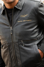 Navy blue aviator style leather jacket with shirt collar - Image n°6
