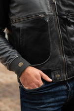Navy blue aviator style leather jacket with shirt collar - Image n°8