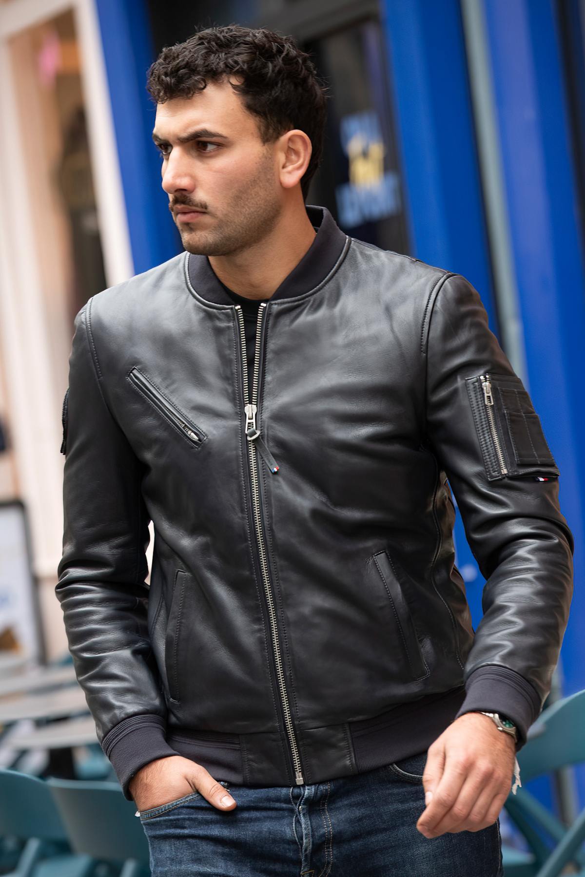 Redskins' navy sheep leather bomber, Patrouille de France-inspired. - Image n°5