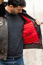 Dark brown leather bomber jacket with Royal Air Force patches - Image n°6