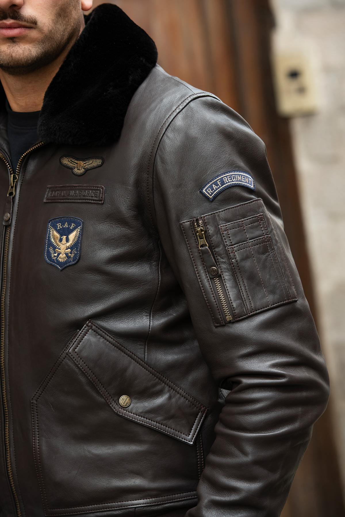 Dark brown leather bomber jacket with Royal Air Force patches - Image n°4