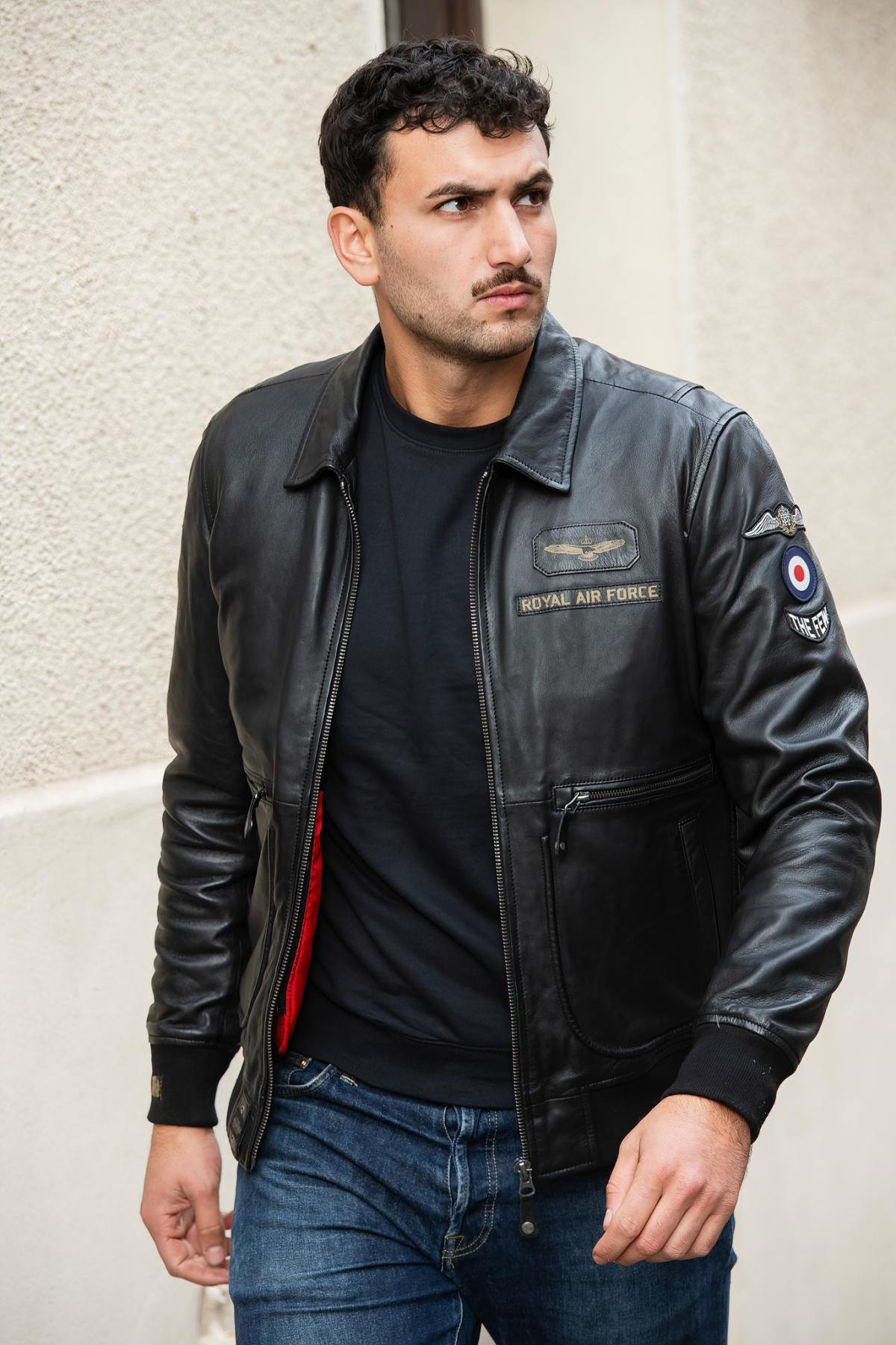 Black sheepskin aviator jacket inspired by RAF pilots. - Image n°1