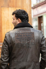 Vintage dark brown leather bomber jacket with back print - Image n°2