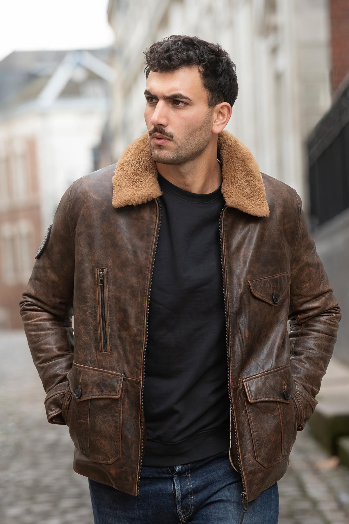 PAF distressed brown leather bomber jacket with shearling collar - Image n°1