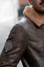 PAF distressed brown leather bomber jacket with shearling collar - Image n°2