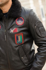 Brown leather bomber jacket with vintage Patrouille de France patches - Image n°7
