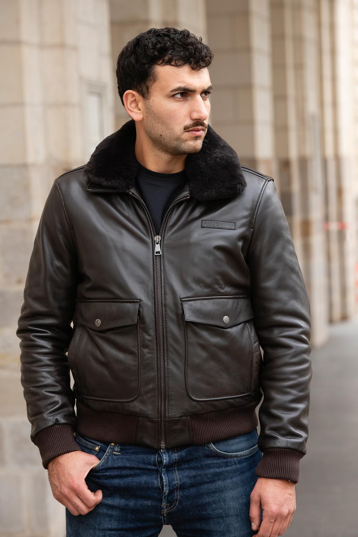 Patton Argus: brown cowhide aviator jacket, slim fit, quilted lining. - Image n°1