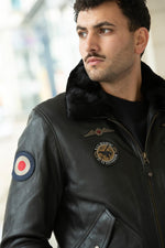 RAF-inspired black sheepskin aviator jacket with vegan fur lining. - Image n°6