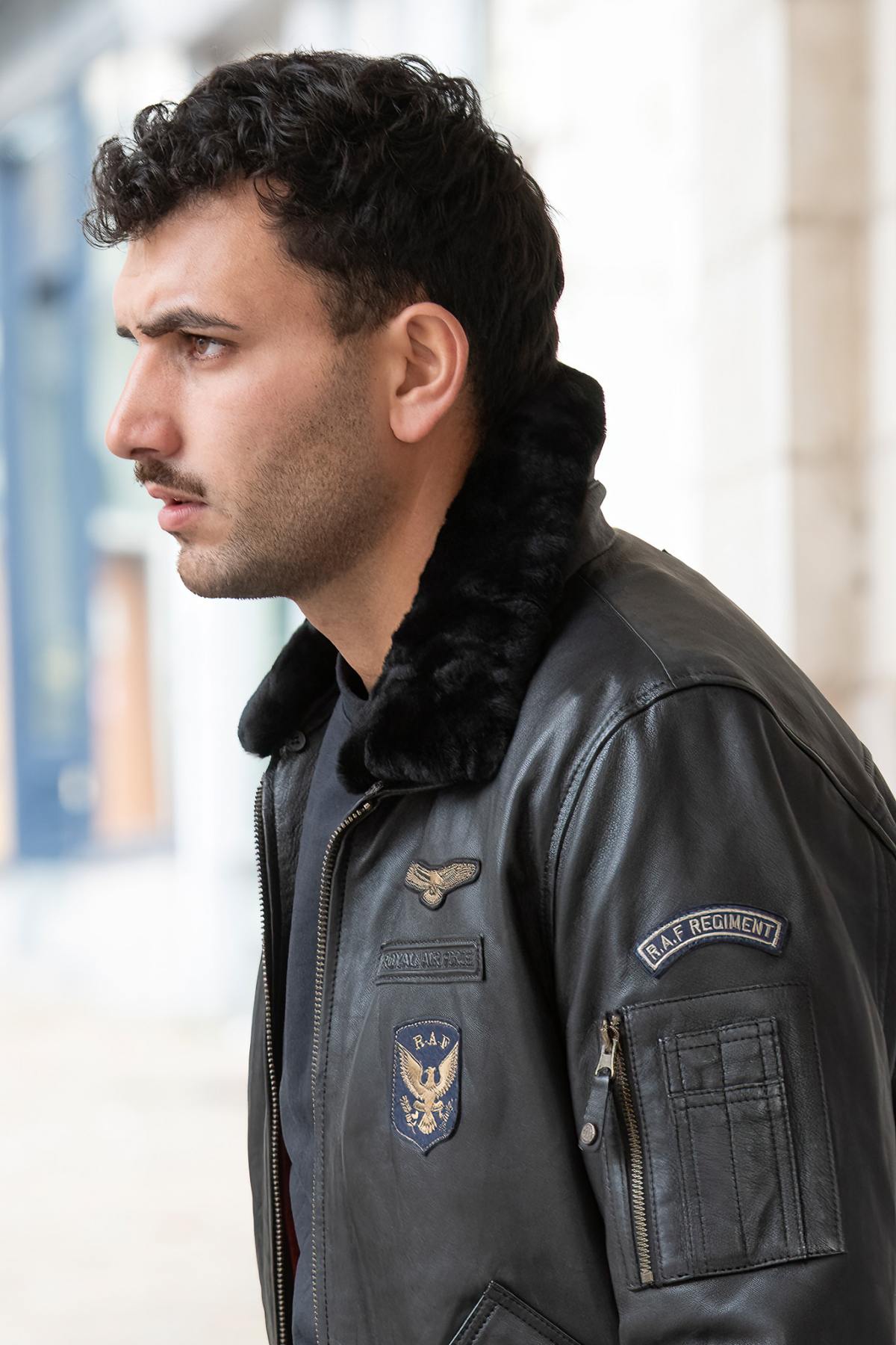 RAF-inspired black sheepskin aviator jacket with vegan fur lining. - Image n°2