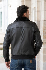 RAF-inspired black sheepskin aviator jacket with vegan fur lining. - Image n°3