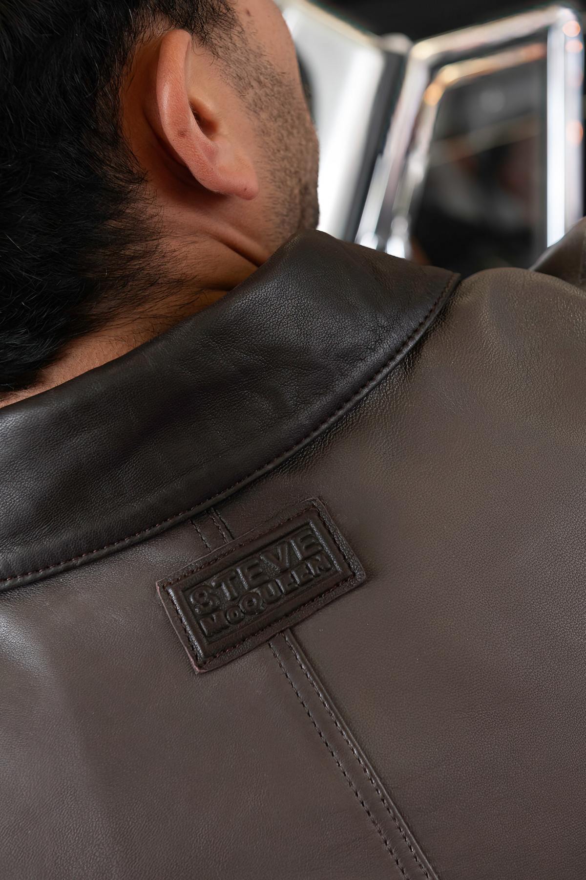 Vintage brown leather shirt collar jacket - Image n°6