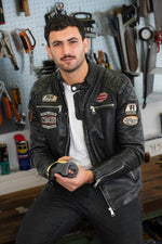 Leather jacket with racer-style patches - Image n°1