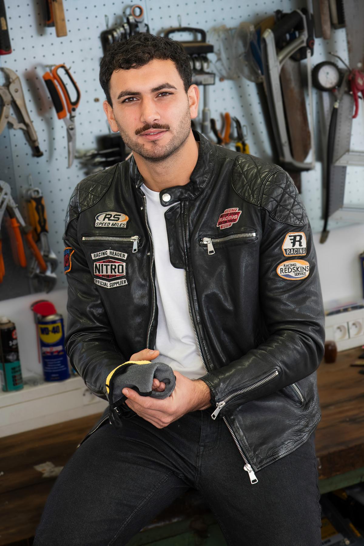Leather jacket with racer-style patches - Image n°1