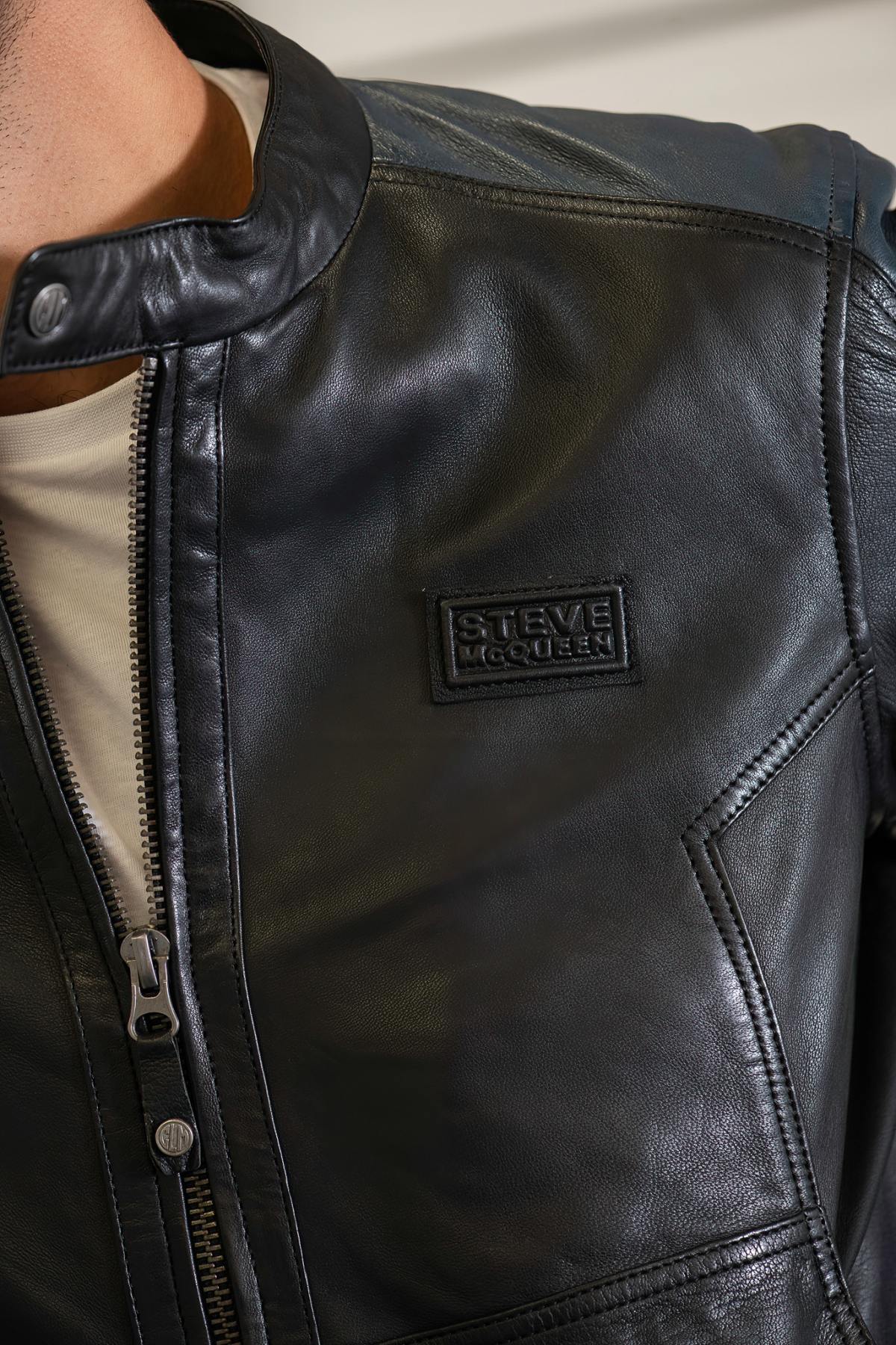 ELLIS2 BLACK: black sheep leather jacket with a motorbike collar. - Image n°4