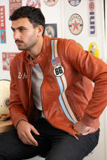 Motorsport-inspired sheep leather jacket in rusty orange, relaxed fit. - Image n°4