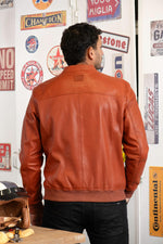 Motorsport-inspired sheep leather jacket in rusty orange, relaxed fit. - Image n°3