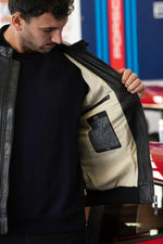 Richard Black: black lambskin jacket, regular fit, biker collar. Soft. - Image n°7