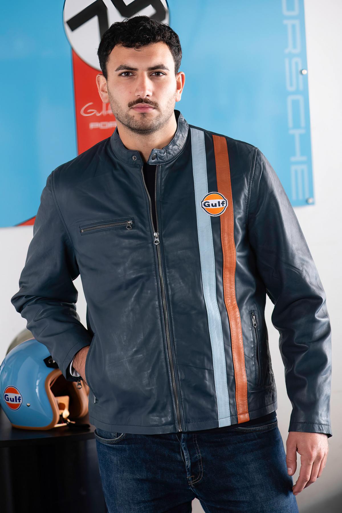 Navy lambskin jacket with vintage pilot style and racing stripes. - Image n°7