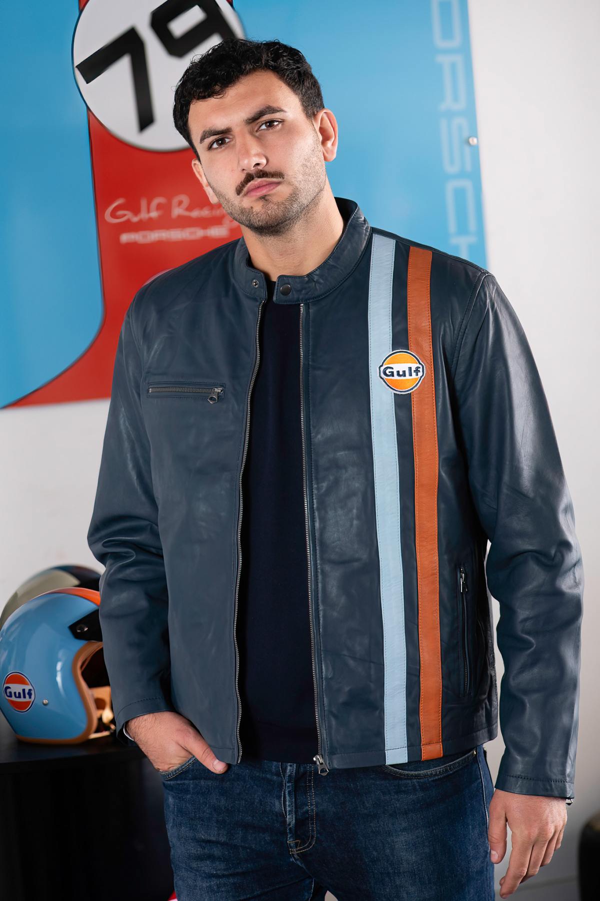 Navy lambskin jacket with vintage pilot style and racing stripes. - Image n°1