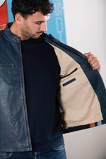 Navy lambskin jacket with vintage pilot style and racing stripes. - Image n°5