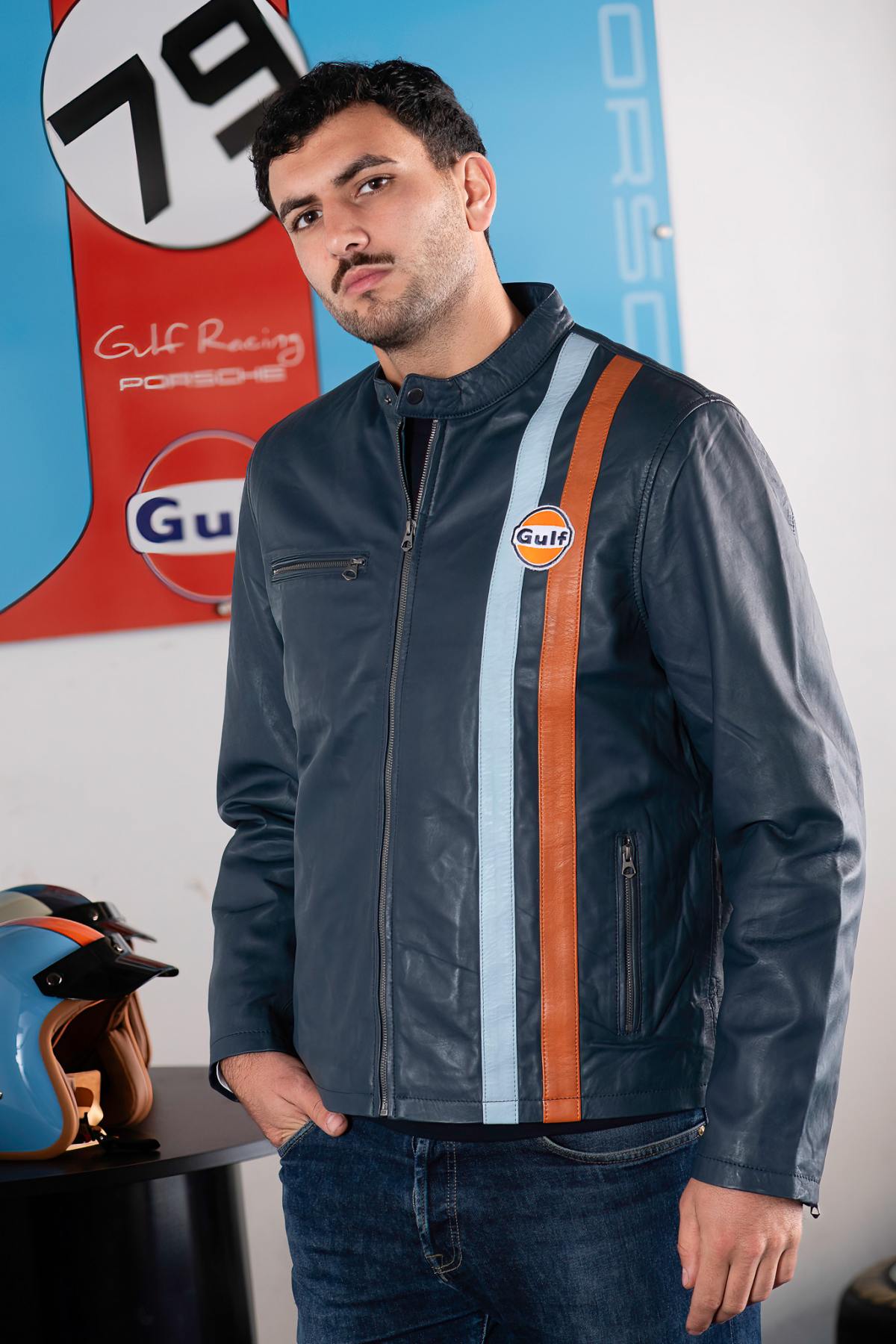 Navy lambskin jacket with vintage pilot style and racing stripes. - Image n°4