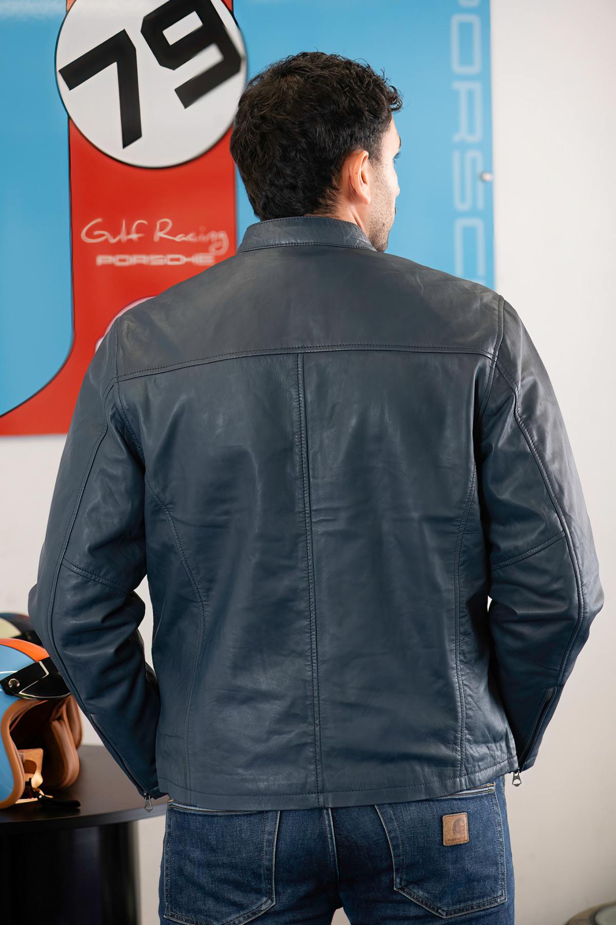 Gulf navy blue biker collar leather jacket - Image n°2