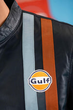 Navy lambskin jacket with vintage pilot style and racing stripes. - Image n°3