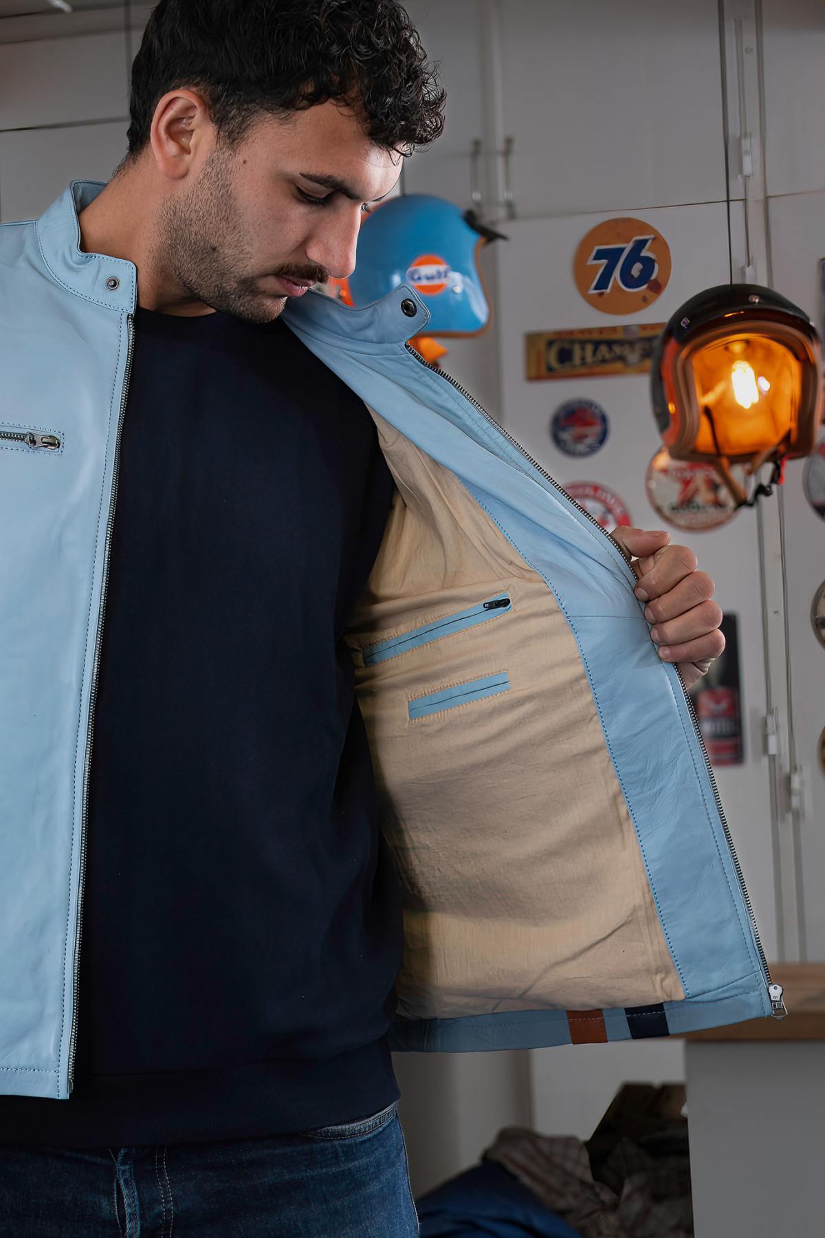 Gulf leather jacket with light blue biker collar - Image n°2