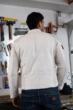Off-white lambskin biker jacket with quilted detailing and patches. - Image n°7