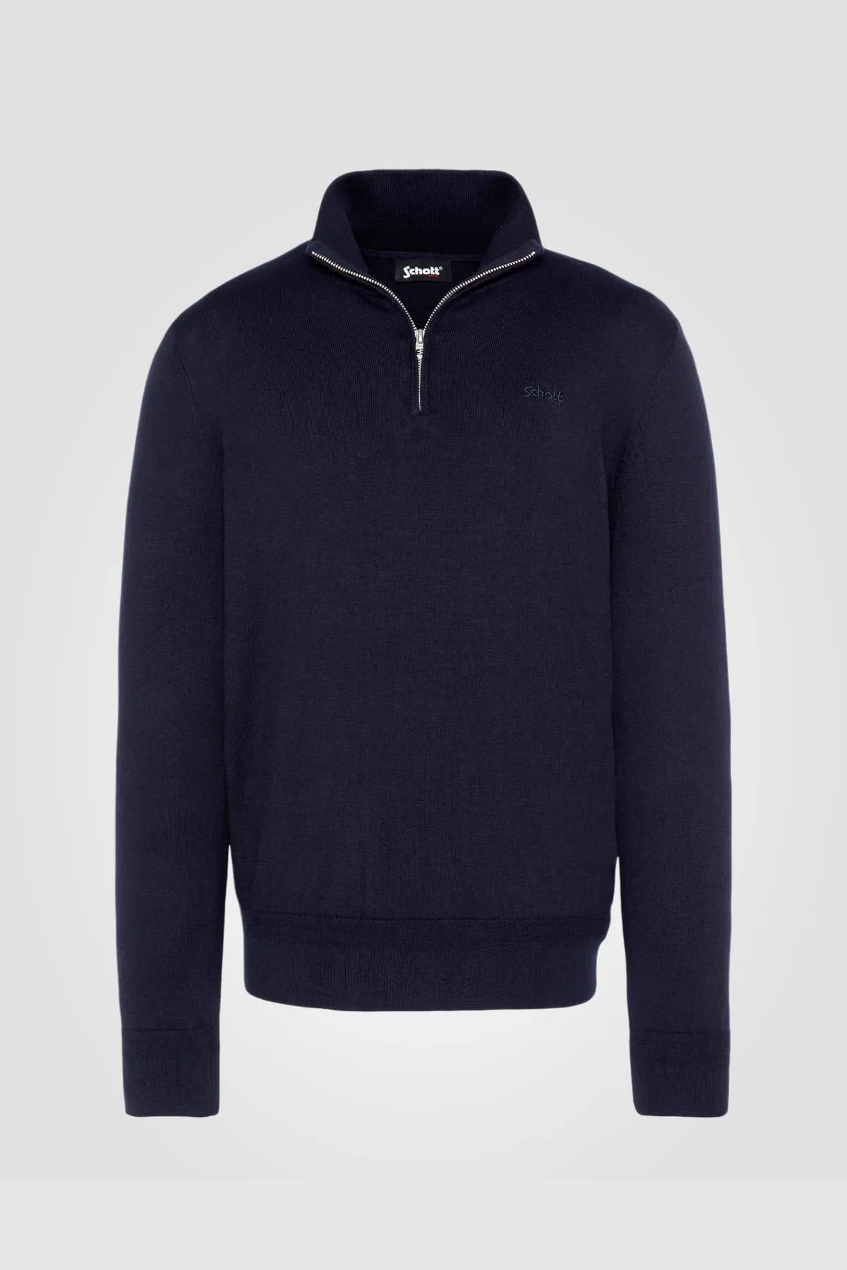 Navy blue trucker sweater in fine knit - Image n°1