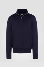Navy blue trucker sweater in fine knit - Image n°1