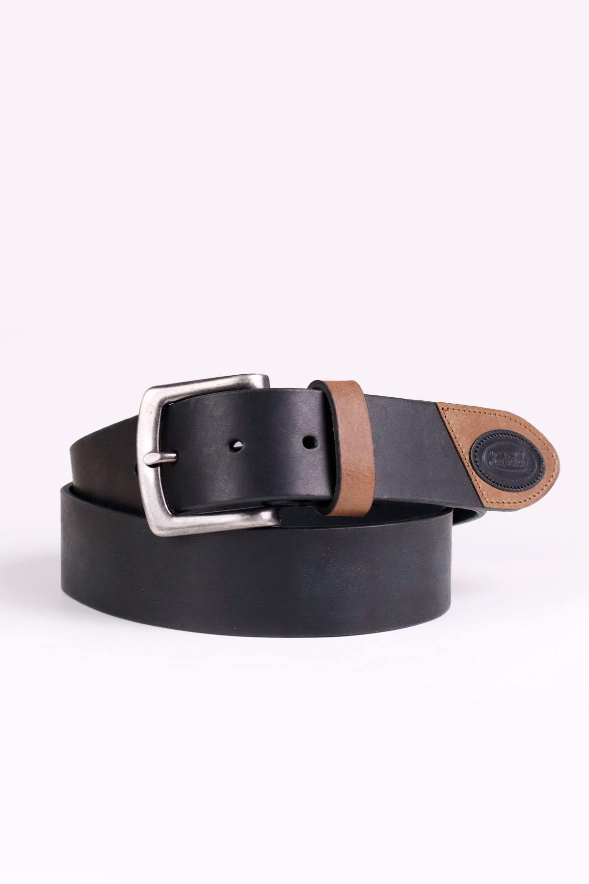 Black cowhide leather belt with cognac inserts - Image n°1