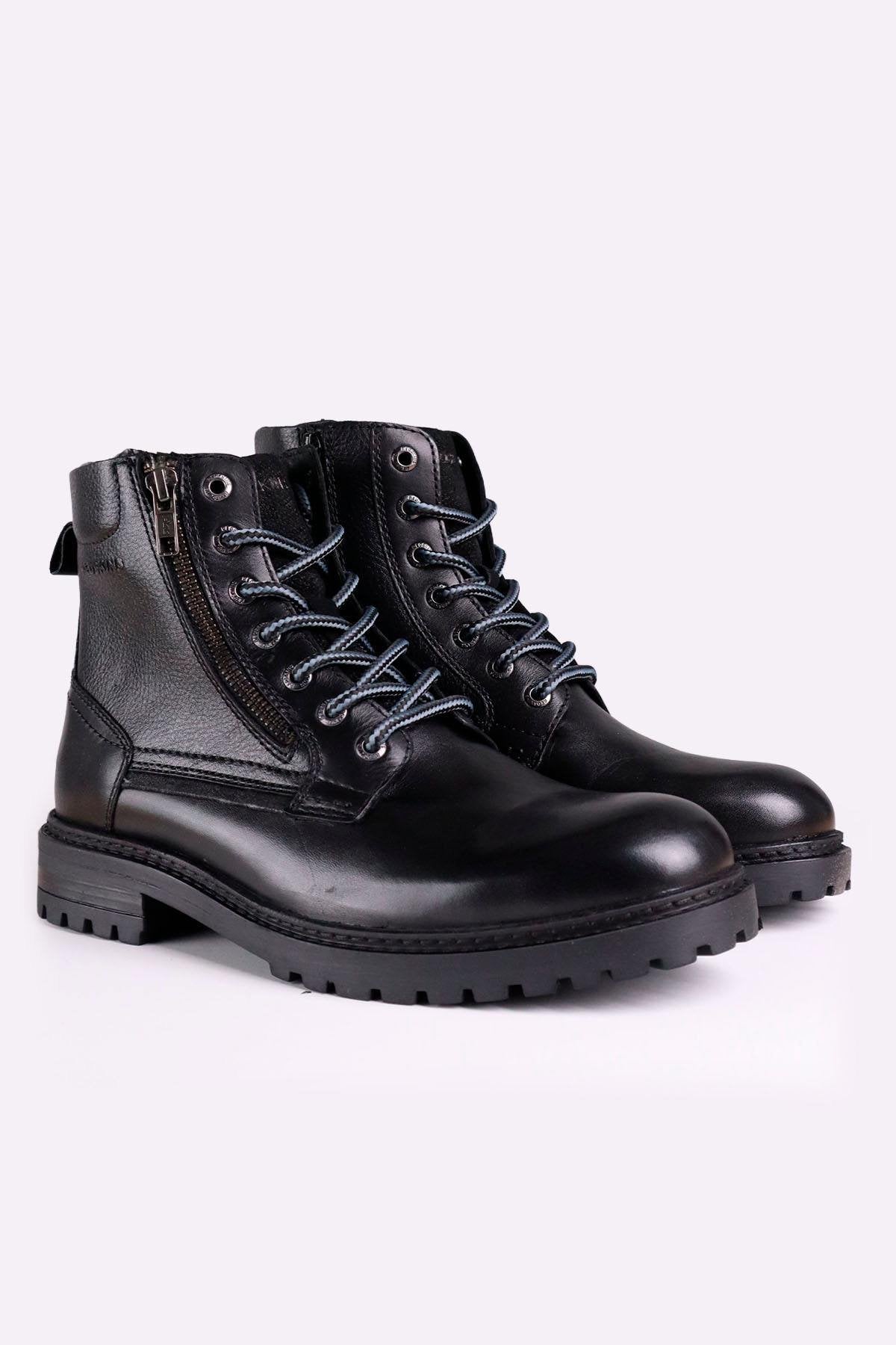 Black leather lace-up boots with side zips - Image n°1