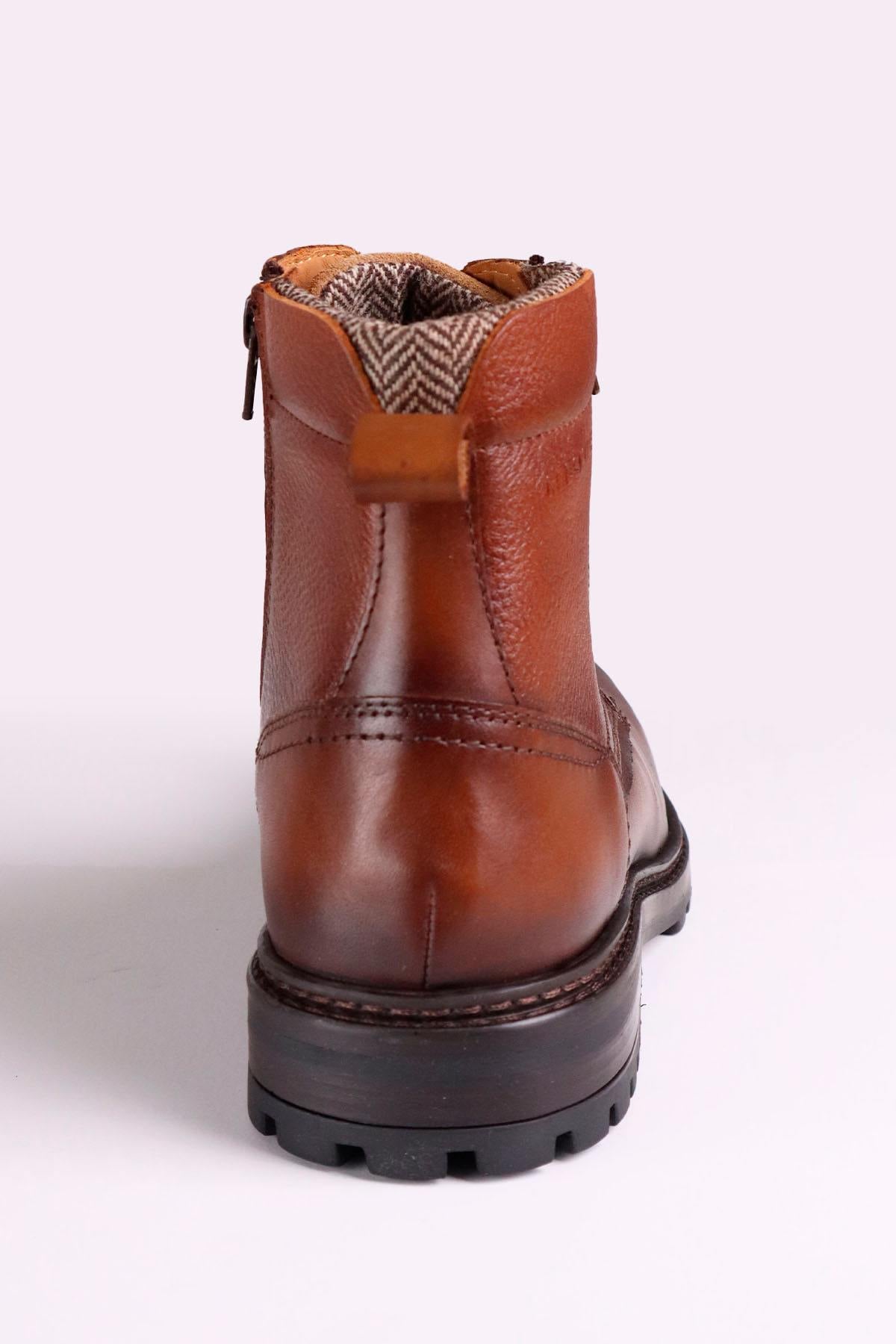 Cognac-colored leather lace-up boots with side zips - Image n°8
