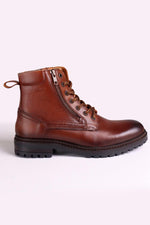 Cognac-colored leather lace-up boots with side zips - Image n°3