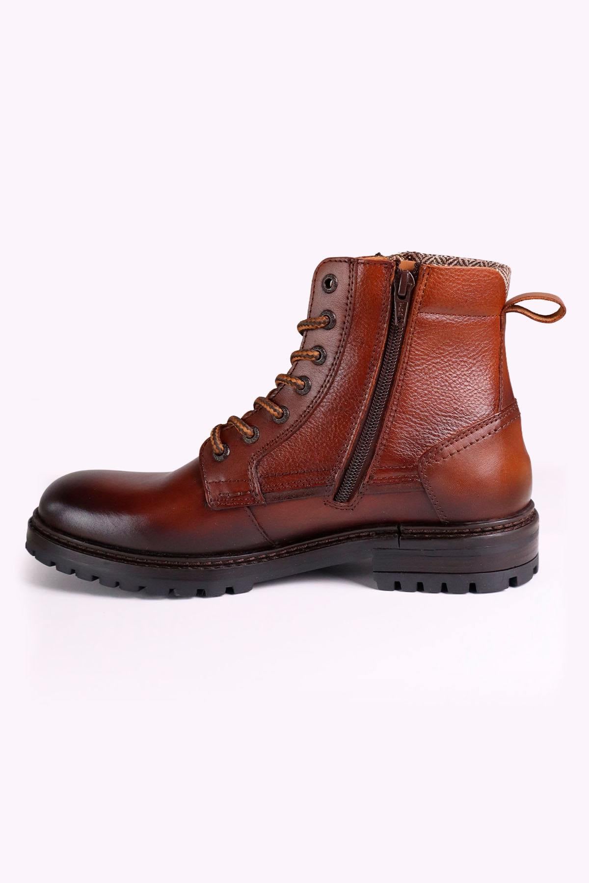 Cognac-colored leather lace-up boots with side zips - Image n°6