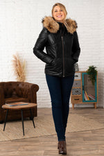 Black leather puffer jacket with real fur on the hood - Image n°2