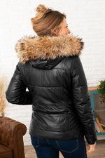 Black leather puffer jacket with real fur on the hood - Image n°3